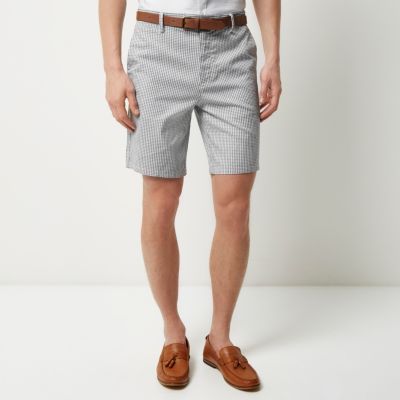 Grey gingham slim fit belted shorts